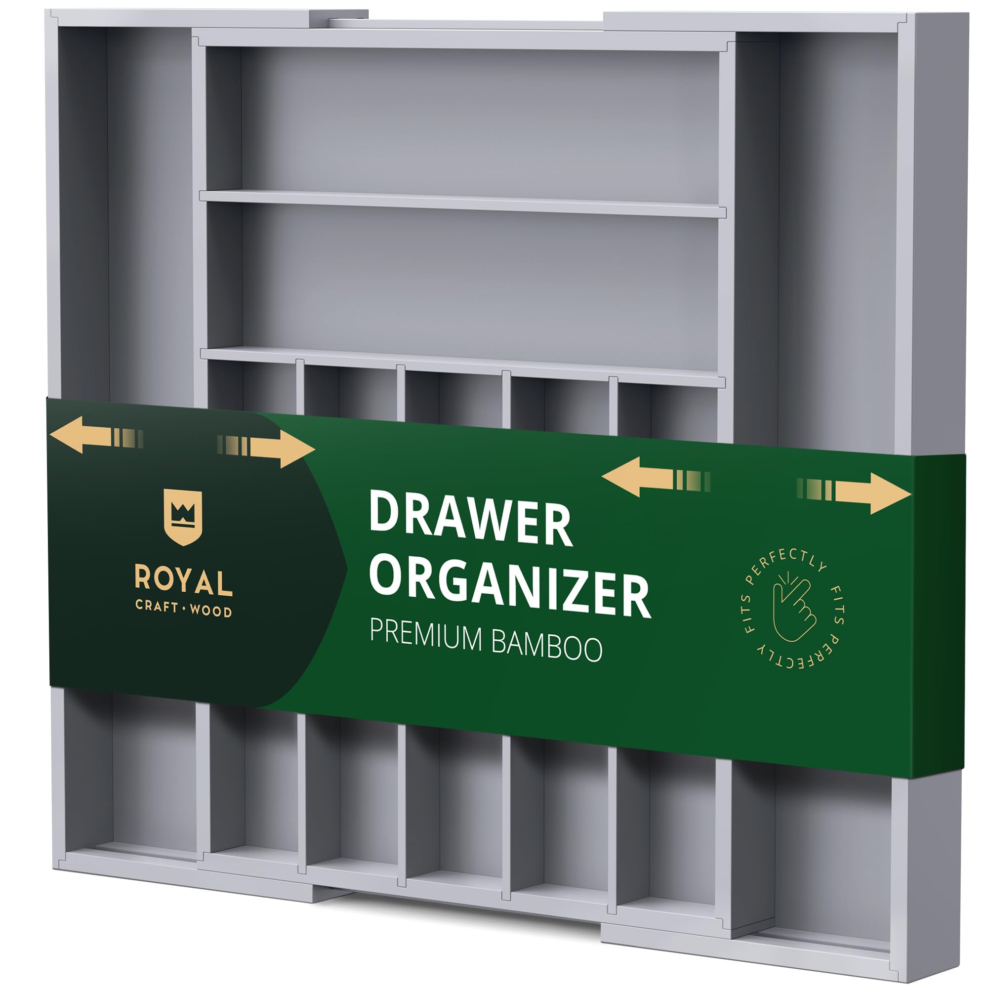 ROYAL CRAFT WOODLuxury Bamboo Caddy Kitchen Drawer and Silverware Organizer, Utensil Holder and Cutlery Tray with Grooved Drawer Dividers for Flatware 9 Slot, Gray