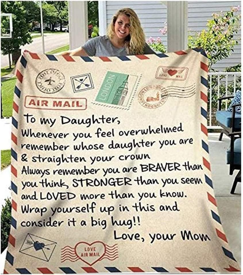 Fleece Blanket to My Daughter Letter Printed Bed Blanket Mom for Daughter's Air Mail Blanket Positive Encourage and Love Daughter's Throw Blanket, Daughter Gifts from Mum (60x50in)