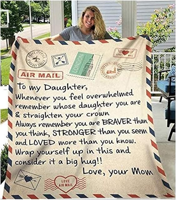 Fleece Blanket to My Daughter Letter Printed Bed Blanket Mom for Daughter's Air Mail Blanket Positive Encourage and Love Daughter's Throw Blanket, Daughter Gifts from Mum (60x50in)
