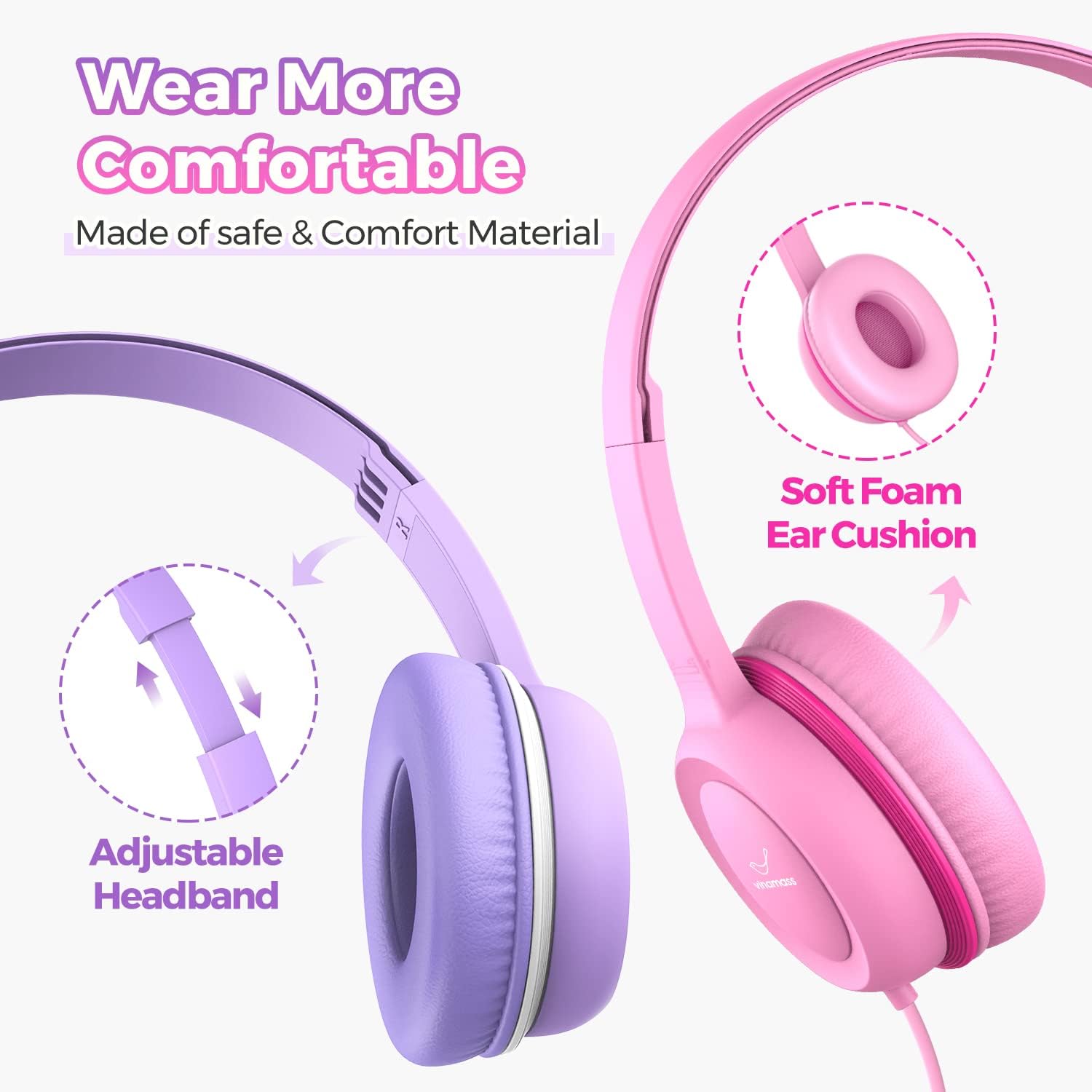 Vinamass A63 Kids Headphones, Wired, On Ear, Safe Volume Limiter 85dB, Comfortable, Perfect Fit for Kids, Boys, Girls, School, Classroom, Teens, Children