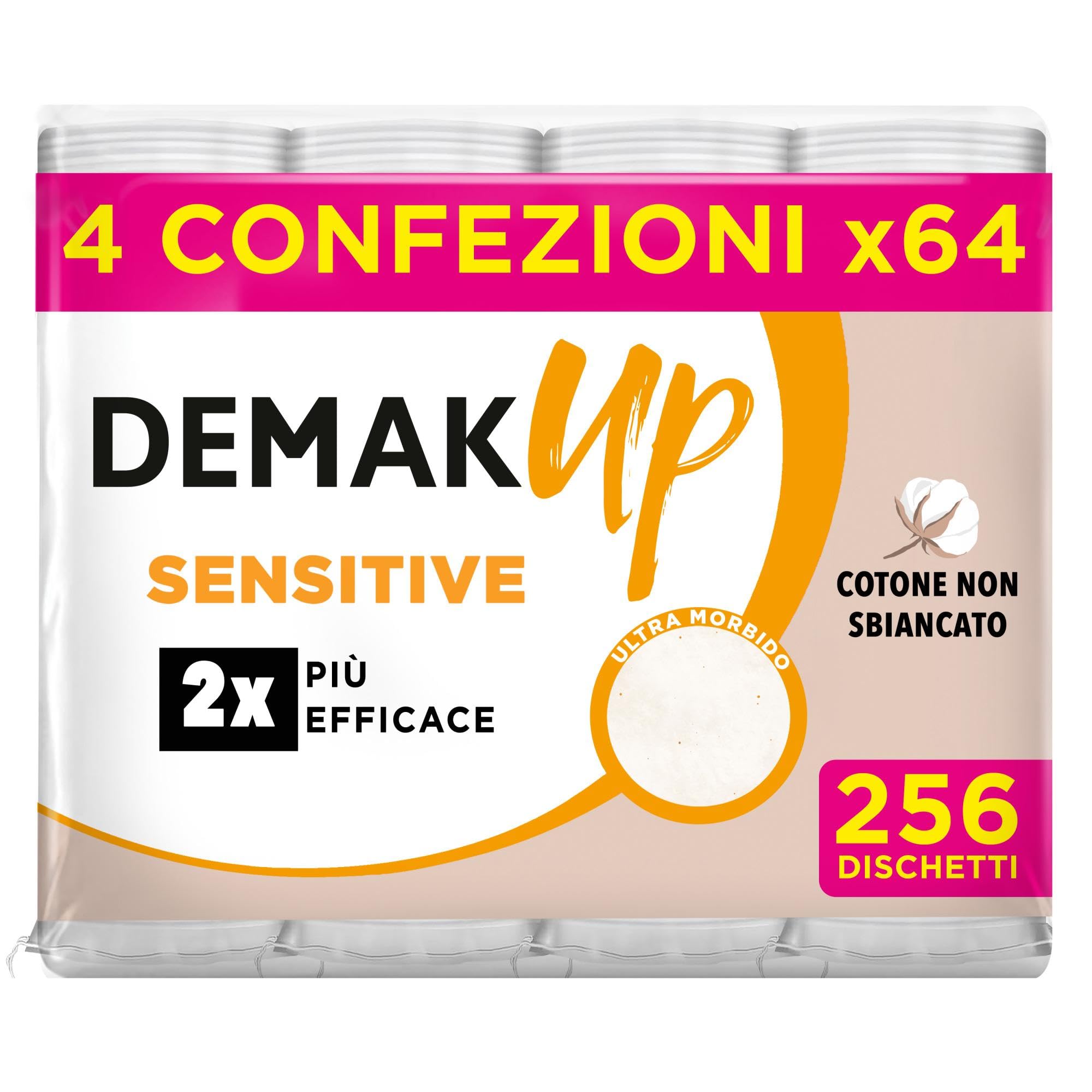 Demak'up Sensitive dischetti struccanti in cotone, Maxi Formato 4 confezioni da 64 dischetti, 256 dischetti totali