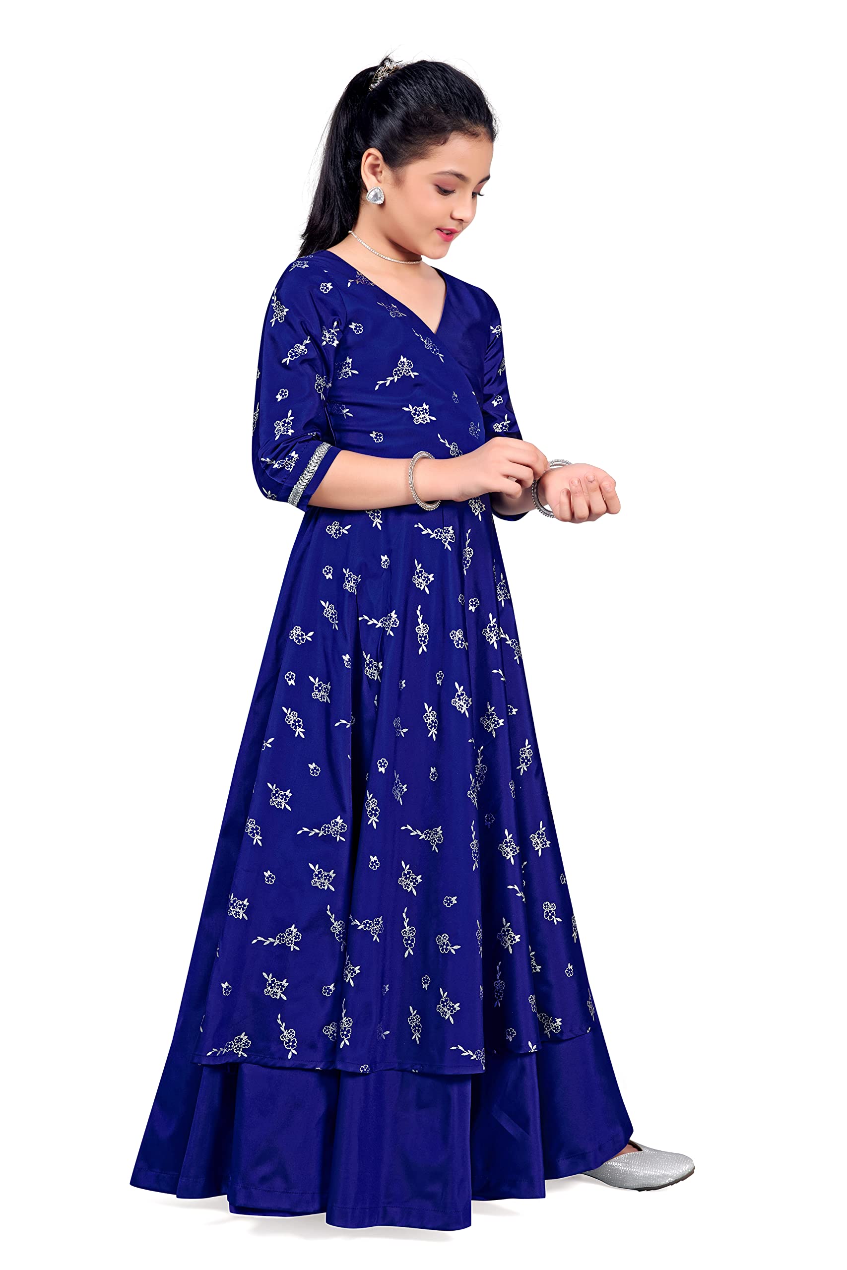 Fashion Dream Girls Blue Taffeta Maxi Length Foil Printed Dresses(Blue_11-12 Year) - Image 4 thumbnail