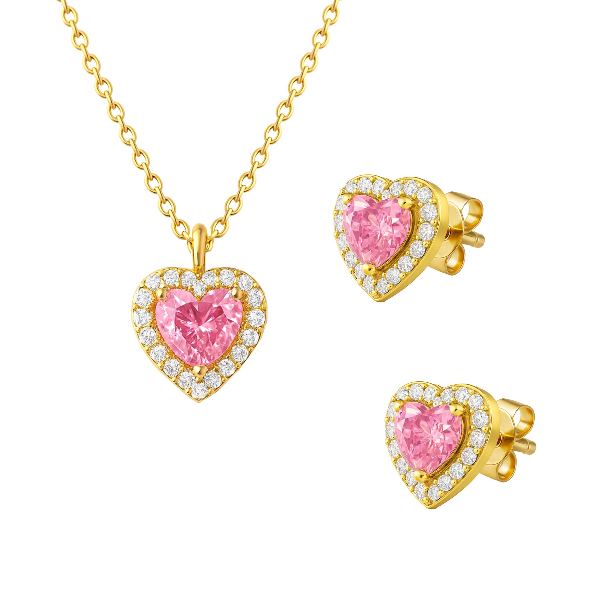 Sakrami Parure Donna Ragazza Argento 925 Dorato Cuore Rosa e Pavé di Zirconi – Collana e Orecchini Coordinati – Scatola Con Dedica Incisa – Idea per Anniversario San Valentino Comunione