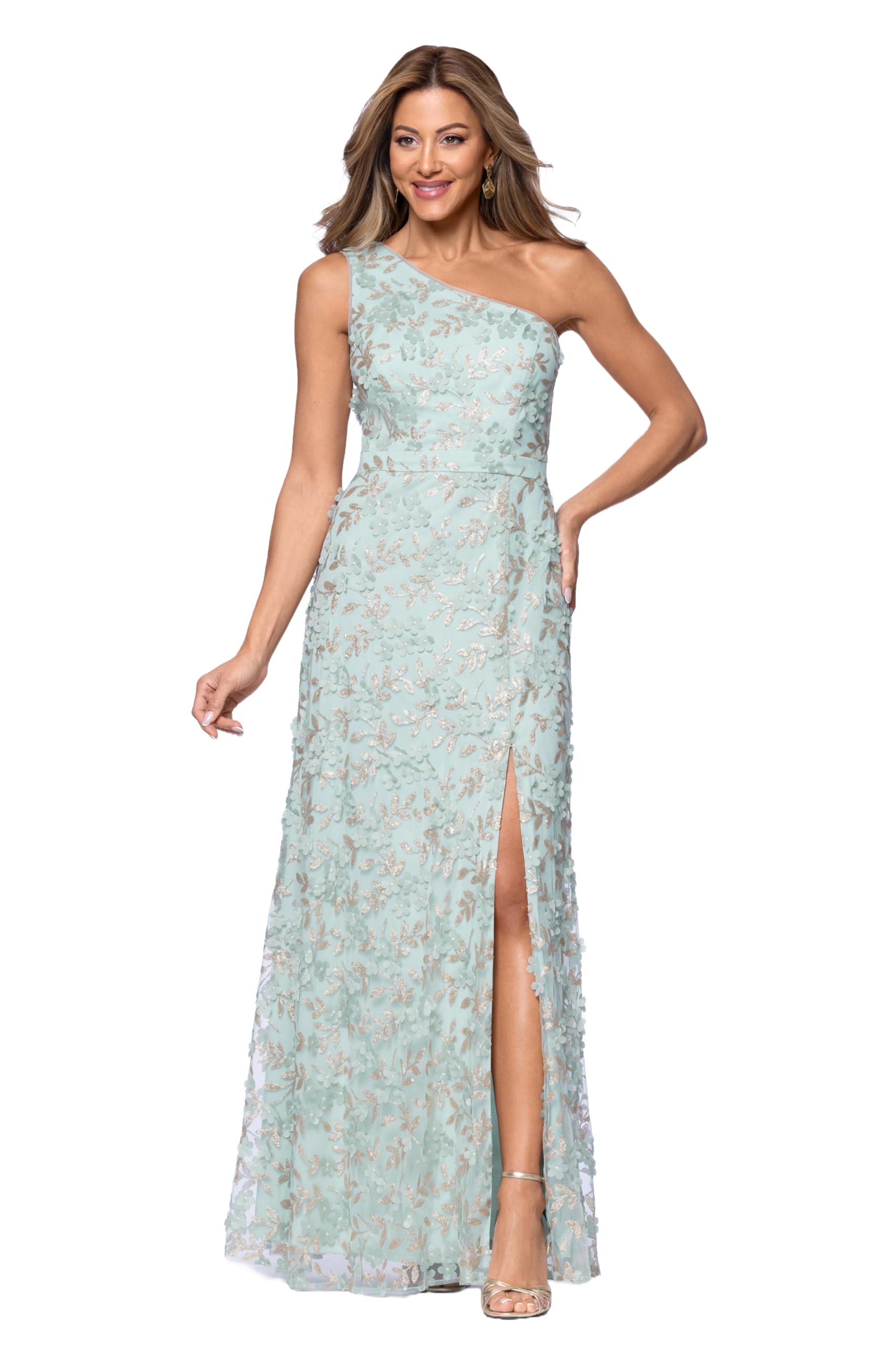 Photo 1 of Xscape Women’s 3D Flowers One Shoulder Floor Length Dress, Sage/Gold, 12