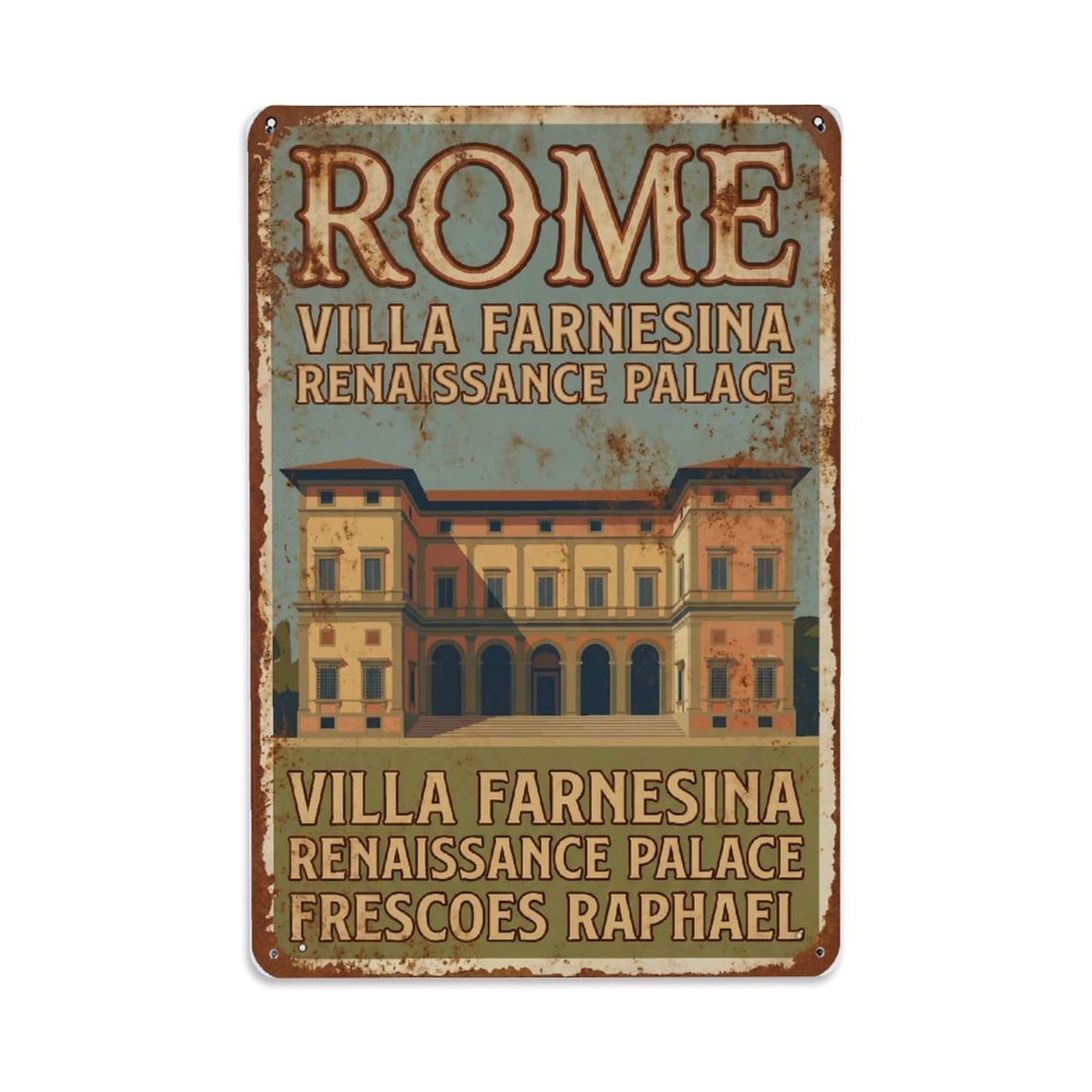 Vintage Travel Rome Villa Farnesina Renaissance Frescoes Palace Rusted Italy Metal Tin Sign Plaque Wall Decor for Cafe, Club Bar, Office, Home Garden Metal Poster 8x12Inch