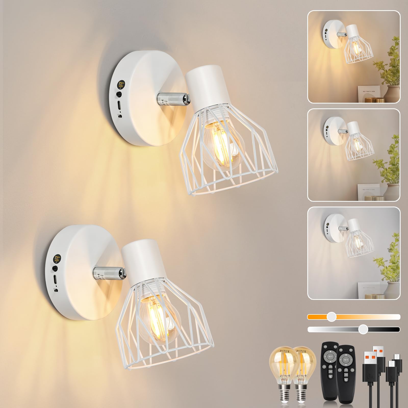 Dehobo Battery Operated Wall Light, 2 Set Wireless Wall Sconces with Dimmable LED Bulbs, Type-C Rechargeable Wall Lamps with Remote Control, Cordless Sconce for Indoor Bedside Living Room Picture