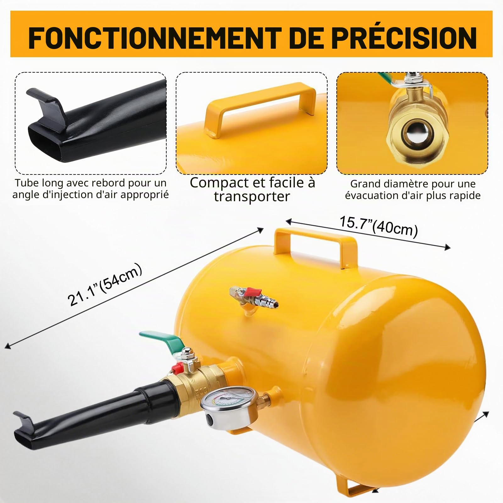 FreeTec Gonfleur Booster Pneu, 20L 5 Gallon Bonbonne Air Pneus, 6-8 Bar Gonfleur Jante Style Canon à Air et Bazooka avec Manomètre & Soupape de Sécurité pour Pneus 12R (24.5") Camion Tracteur, Jaune