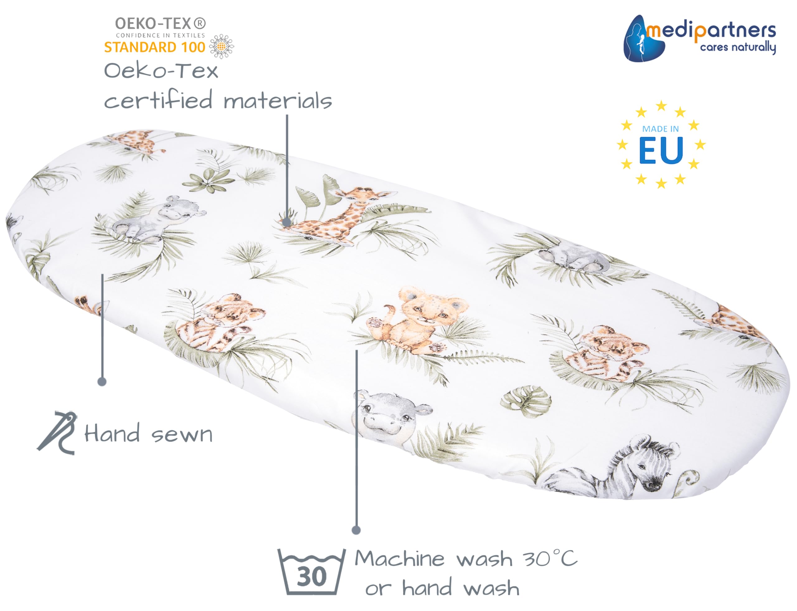 Medi Partners Set of 3 pcs. Fitted Sheet Pram 86 x 40 cm 100% Cotton Mattress Protector Baby, Safari-white-grey, Three pack - Image 3