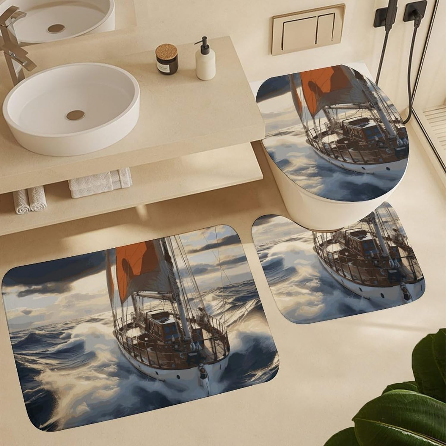 Ocean Sailboat Shower Curtains Set 4 Piece with Non-Slip Rugs, Toilet Lid Cover and Bath Mat Soft Bathroom Carpet Waterproof Bathroom Curtain with 12 Hooks for Bathroom Decor