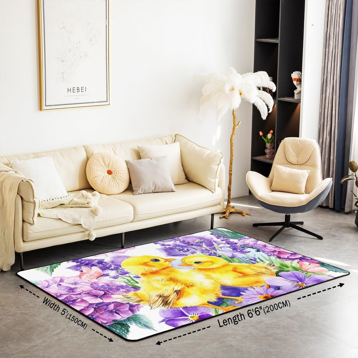 Cute Yellow Duck Area Rug Watercolor Purple Lavender Hippie Daisy Non Slip Rug for Kids Girls Teens Pink Butterfly Cartoon Farm Animals Indoor Floor Mat for Sofa RV 100cm X 150cm X 1cm