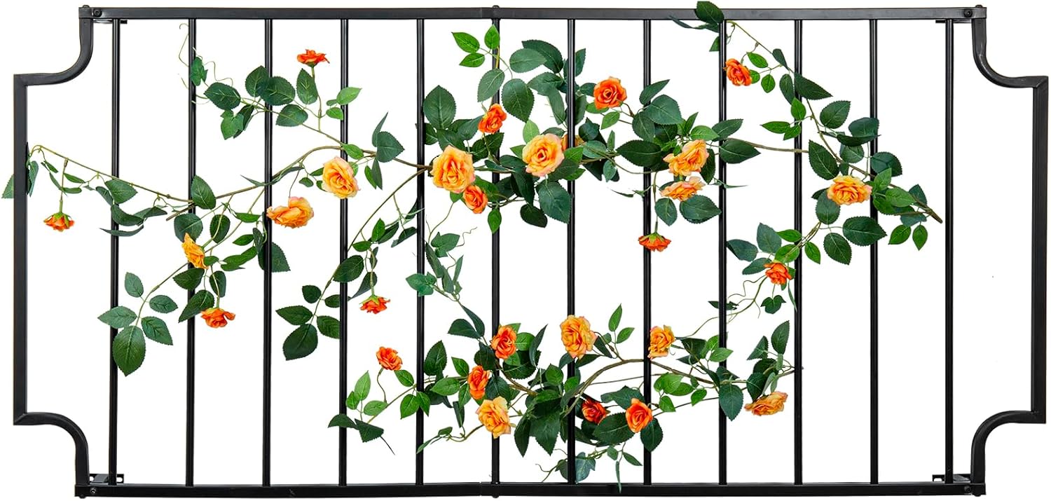 MyGift 4 Foot Tall Garden Trellis Vintage Framed Matte Black Metal Wall Mounted Horizontal Bars Trellis, Outdoor Hanging Support Frame for Climbing Garden Plants and Crawling Vines