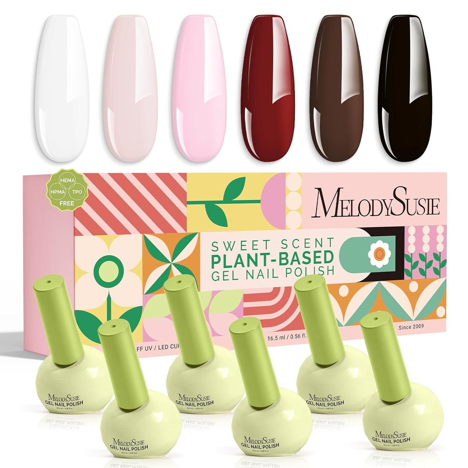 MelodySusie Highly Pigmented Gel Nail Polish Set, 0.56 fl.oz Tilt-and-Stand Bottle, HEMA Free Plant-Based Formula, 6 Colors Classic Kit, Soak Off UV LED Manicure Kit Gift Box(White, Black, Dark Red)