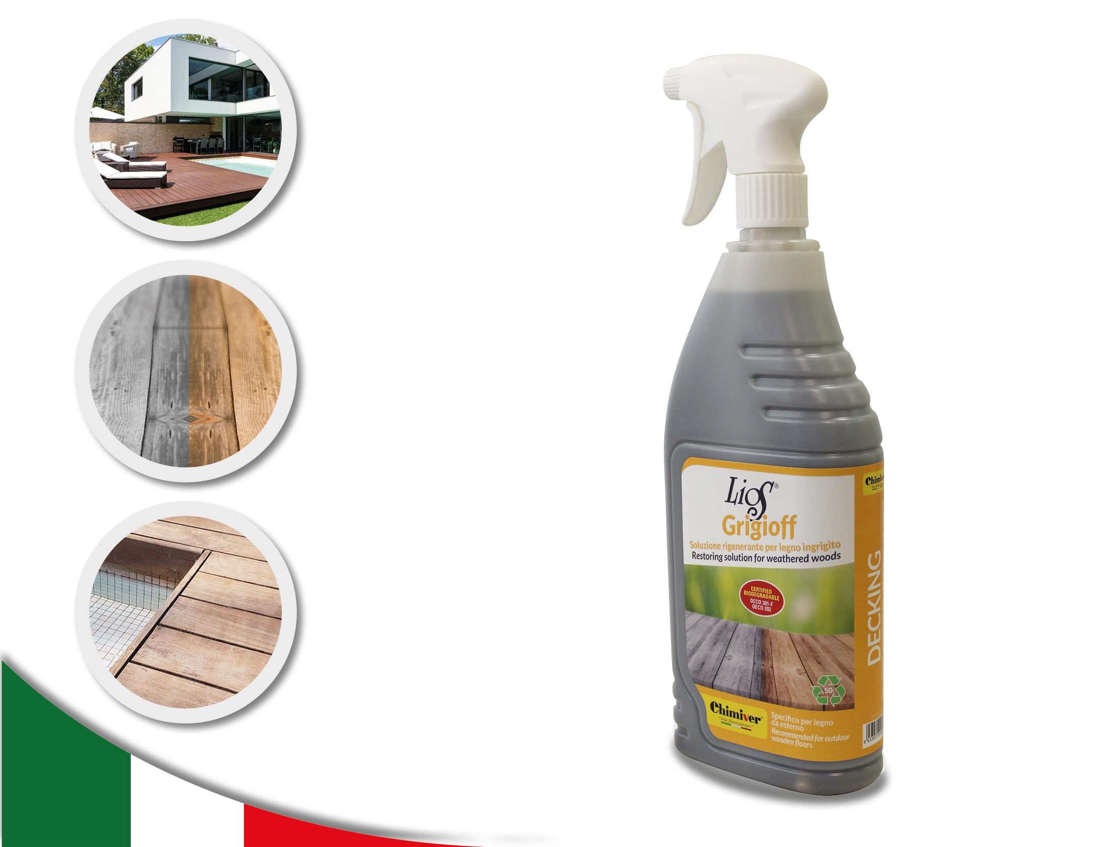 Chimiver LIOS GRIGIOFF - Detergente Rigenerante per Decking, Legno ingrigito. Trattamento adatto alla pulizia di tutte le superfici in legno da esterno. | Flacone con nebulizzatore da 1L.