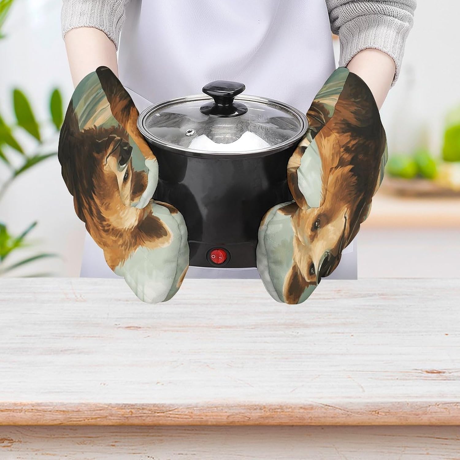 2 Pcs Oven Mitts Heat Resistant Kitchen Gloves Soft Safety Brown Bear Water and Trees Oven Glove for Microwave, Barbecue