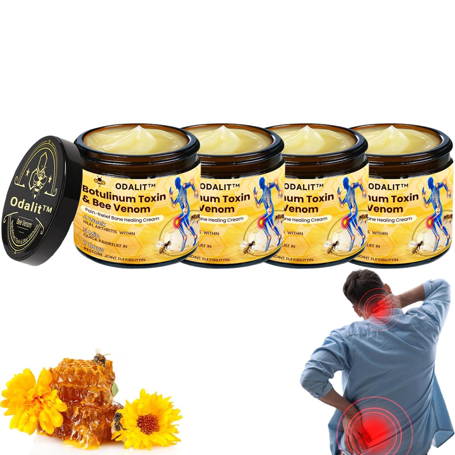 ODALIT Botulinum Toxin & Bee Venom Cream, Professional Bee Venom Cream for Arthritis, ODALIT Bee Venom Pain-Relief Bone Healing Cream-50G, for Neck,Waist,Back Feet Hand and Leg (4 Bottle)
