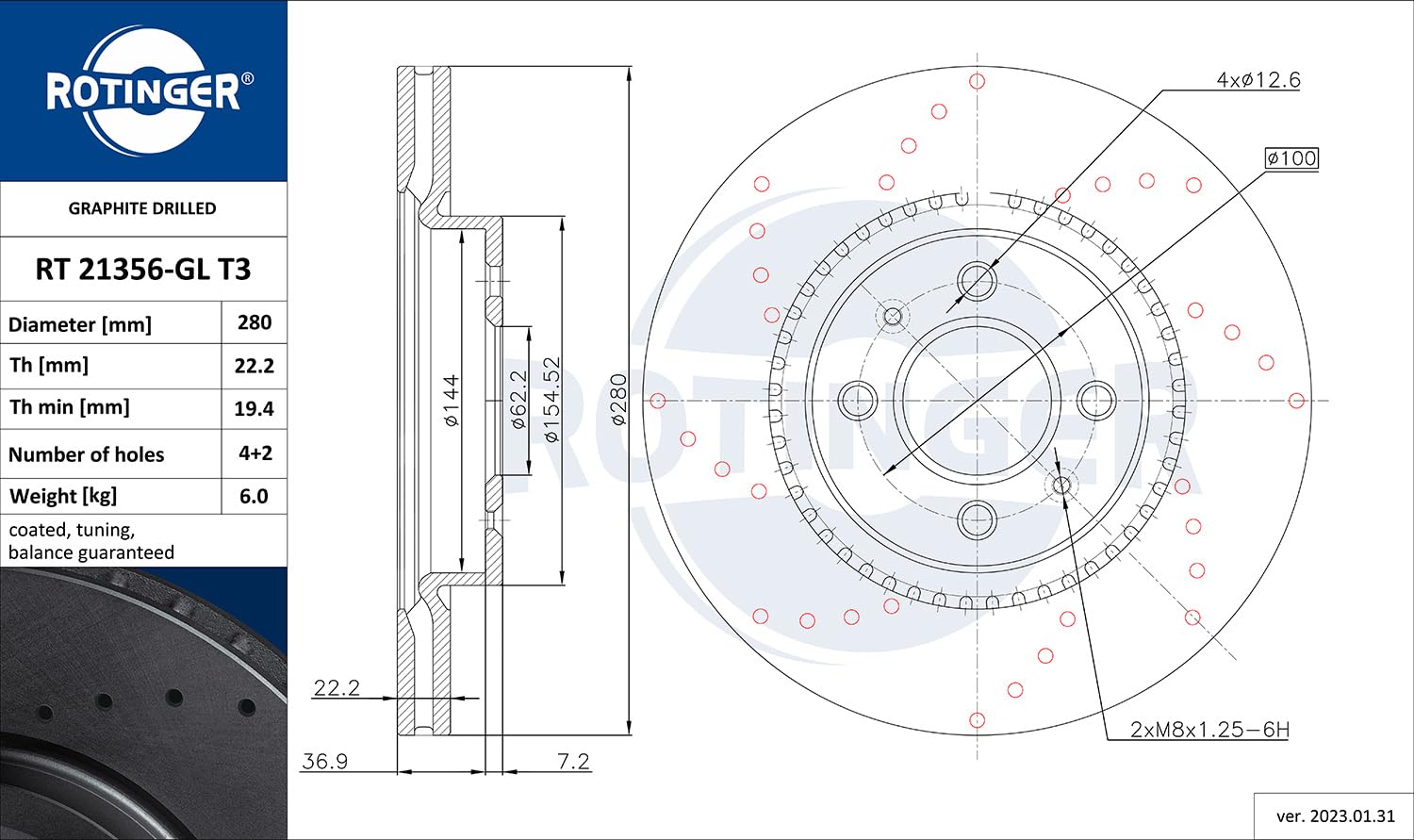 ROTINGER Rotori disco freno (asse anteriore, Set di 2 pezzi) Con rivestimento anticorrosione, RT 21356-GL T3