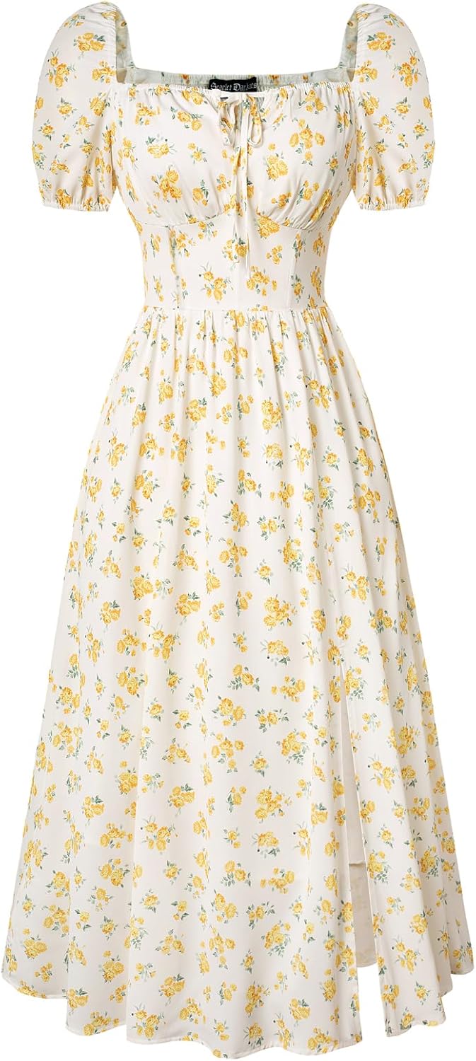 Scarlet Darkness Women's Floral Corset Dress with Split 2026 Summer Spring Square Neck Midi Milkmaid Dresses