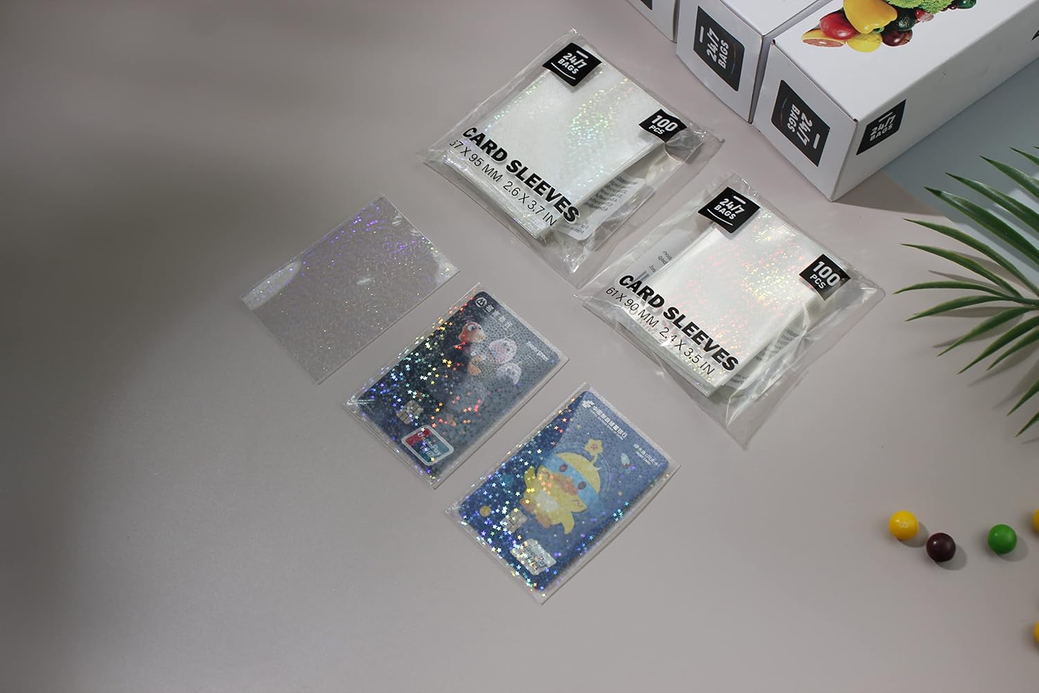 200 Top Entry Card Sleeves, 2.6”x3.7” .1 MM Thick, PVC-Free, Clear Front & Holographic Back, TCG & Collection Cards