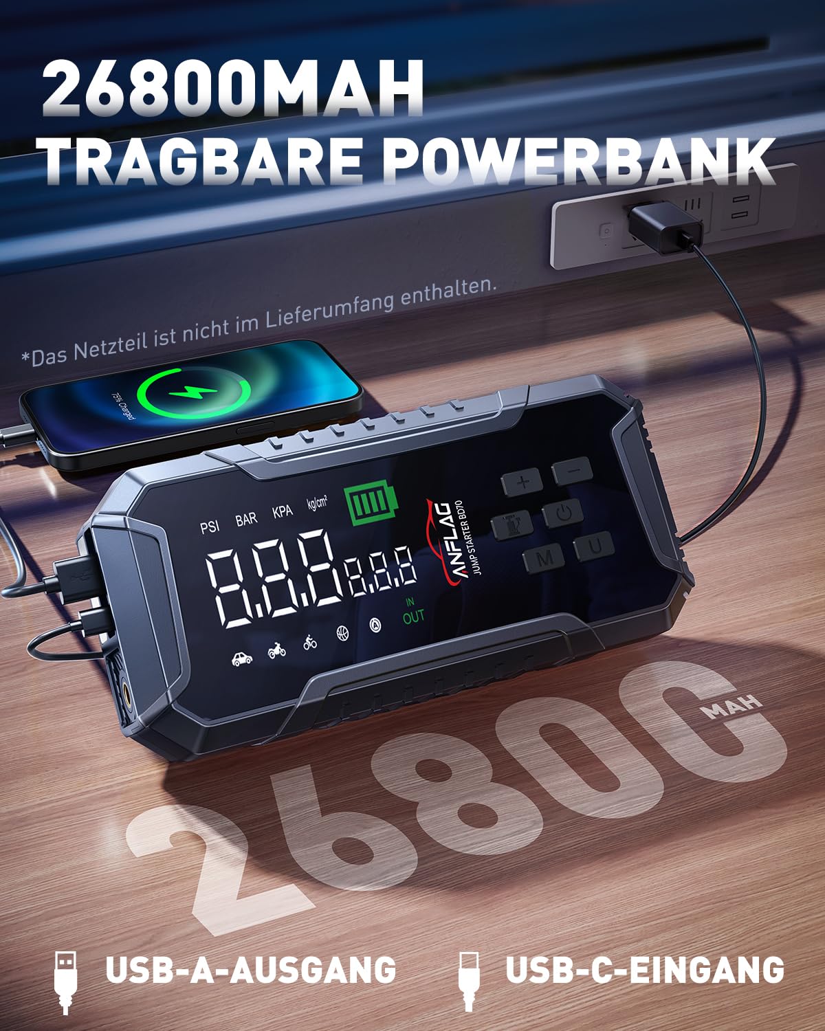 Starthilfe Powerbank für Pkw mit Kompressor 160PSI, ANFLAG 7000A 26800mAh Auto Starthilfe Powerbank für All Benzin und 12.0L Dieselmotor, Starter Powerbank mit Starthilfekabel, LED-Licht