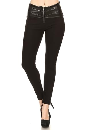 ICONOFLASH Womens Ponte Knit Stretch Skinny Dress Pants with Faux Leather Accent Detail