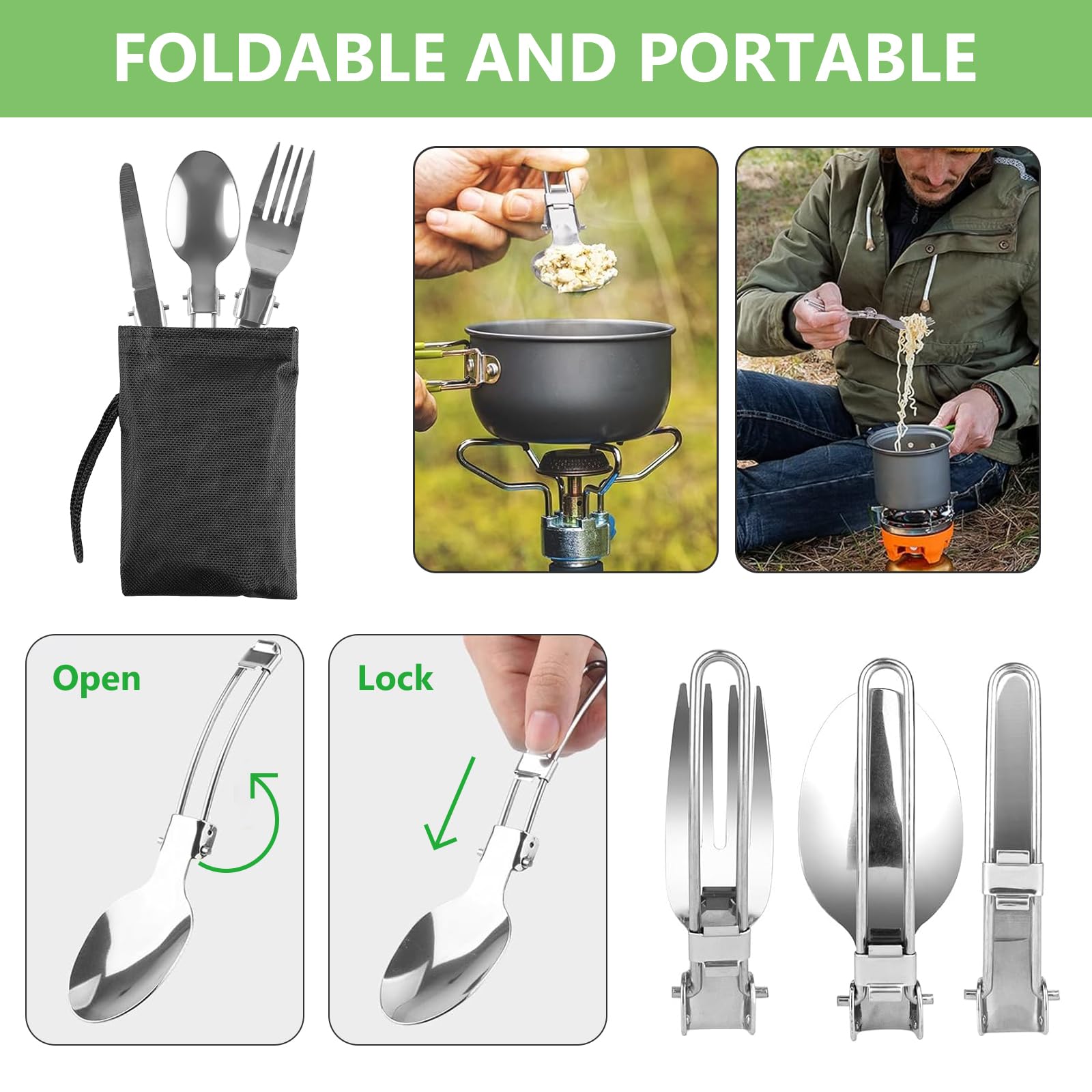 Set di stoviglie da campeggio, set di posate da campeggio, versatile da campeggio, in alluminio, con manici pieghevoli e mini fornello per backpacking, picnic, escursionismo
