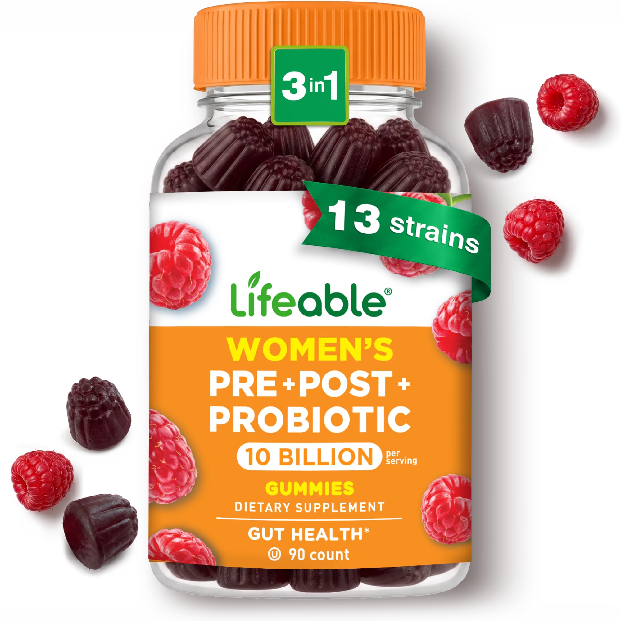 Lifeable Pre Post Probiotic Gummies for Women, 10 Billion 13 Strains, 90ct