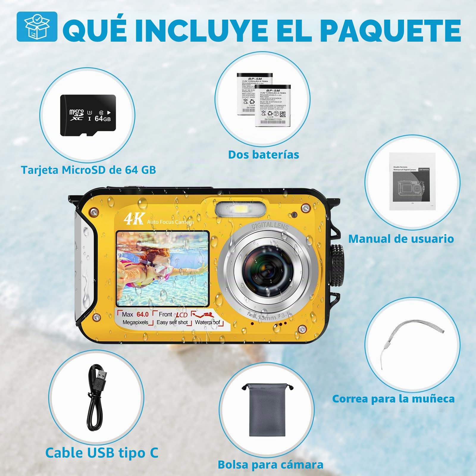 Cámara Acuática 64MP con Tarjeta de Memoria 64GB, Sumergible 4K con Autoenfoque y Doble Pantalla para Selfies, Sumergible hasta 5 Metros para Niños y Snorkel (2 Baterías)