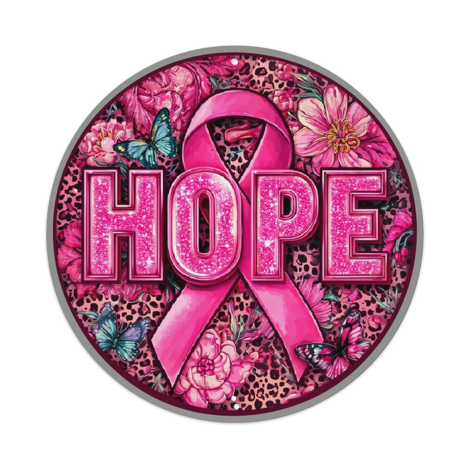 Pink Ribbon Flowers Butterflies Hope Round Metal Tin Sign Vintage Wall Decor, Bar Garage Cafe Kitchen Home Wall Art Poster 8x8inches