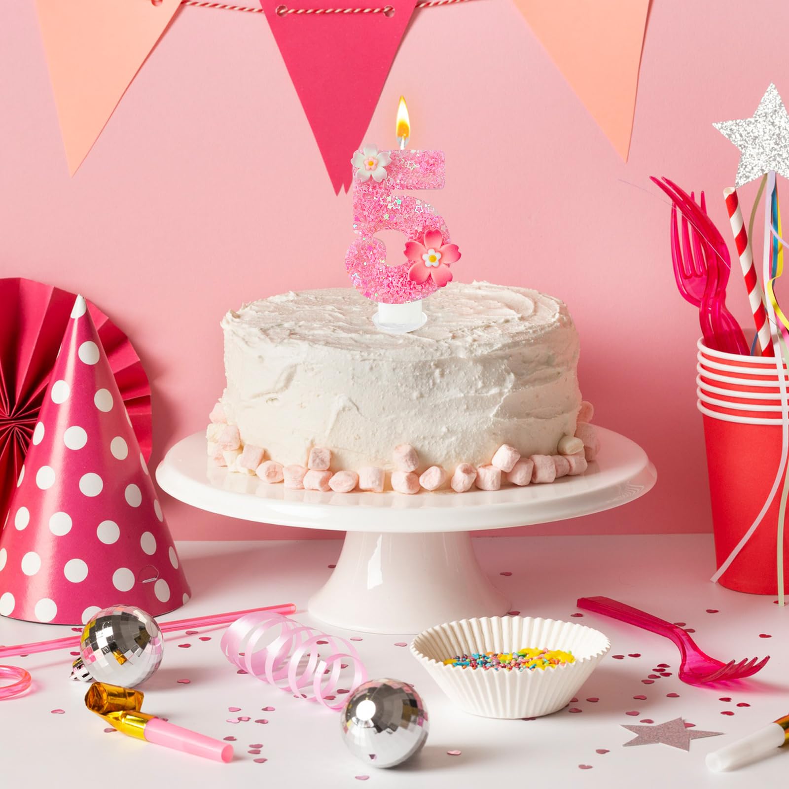Vela de cumpleaños de flor rosa, velas de cumpleaños número 5 para pasteles, decoración ideal para fiestas de cumpleaños, aniversario de boda y otras celebraciones (flor 5)