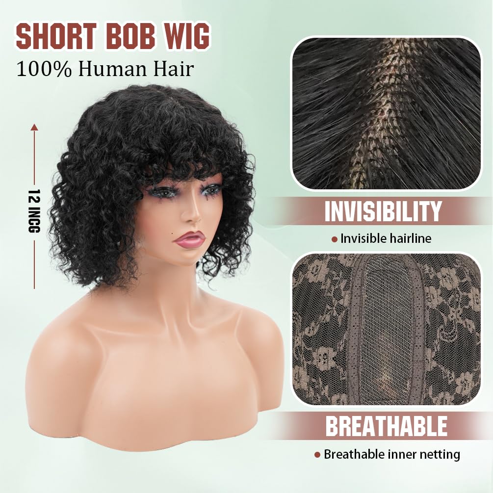 Curly Bang Wig Human Hair 12 Inch Deep Wave Bob Wig with Bangs 200 Density Virgin Brazilian Human Hair Glueless Short Curly Wigs for Black Women Natural Black