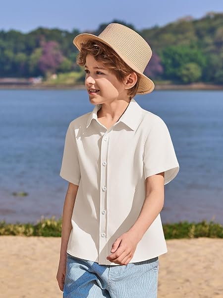 Haloumoning Camicia estiva a maniche corte per bambini, tinta unita, per il tempo libero, casual, basic, con bottoni, facile da stirare, 5-14 anni - 3