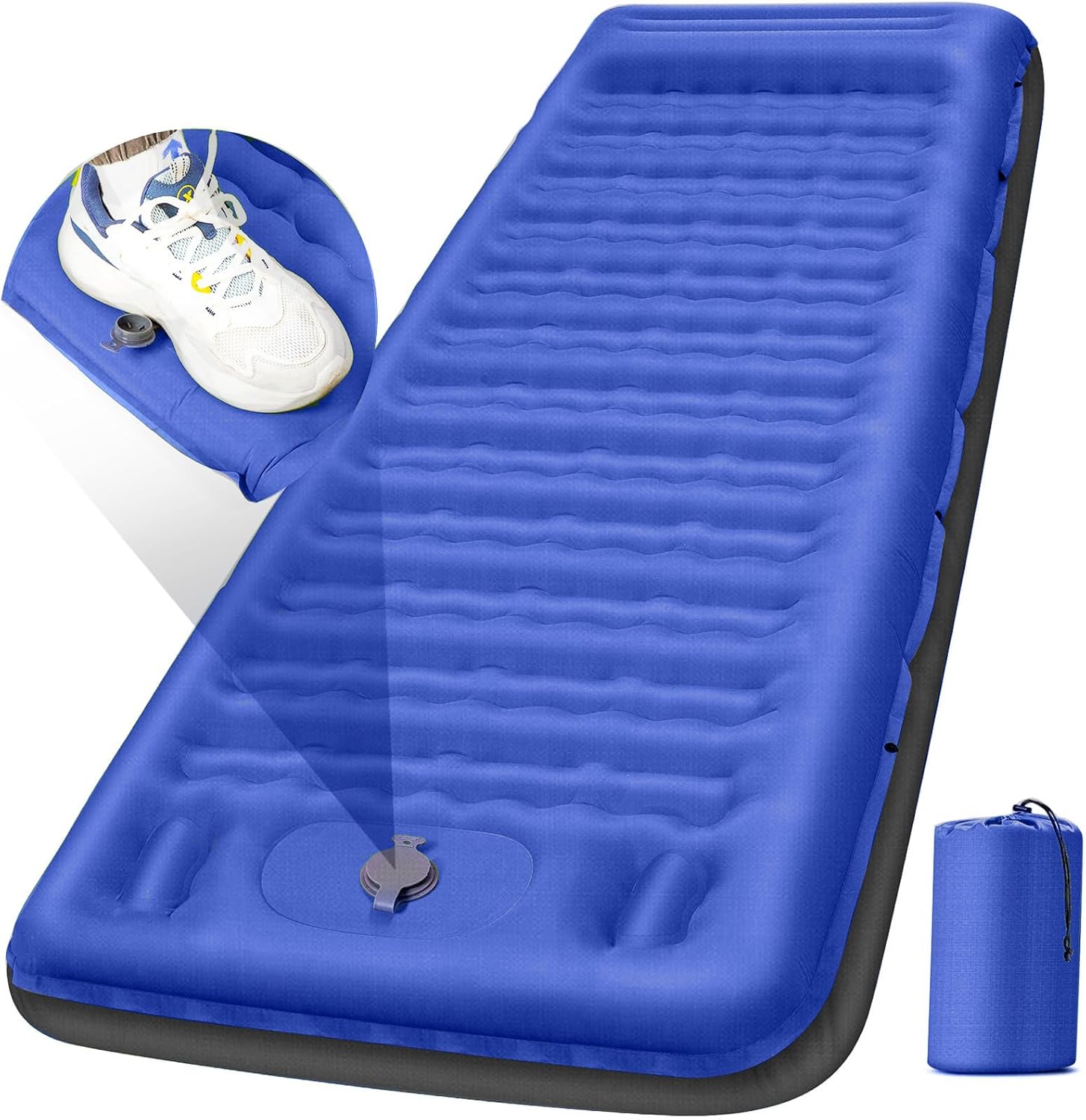 Camping Sleeping Pad, Extra Thick 5 Inch Camping Mat with Pillow Built-in Foot Pump Inflatable Sleeping Pads Compact for Camping Backpacking Hiking Traveling Tent Blue Grey