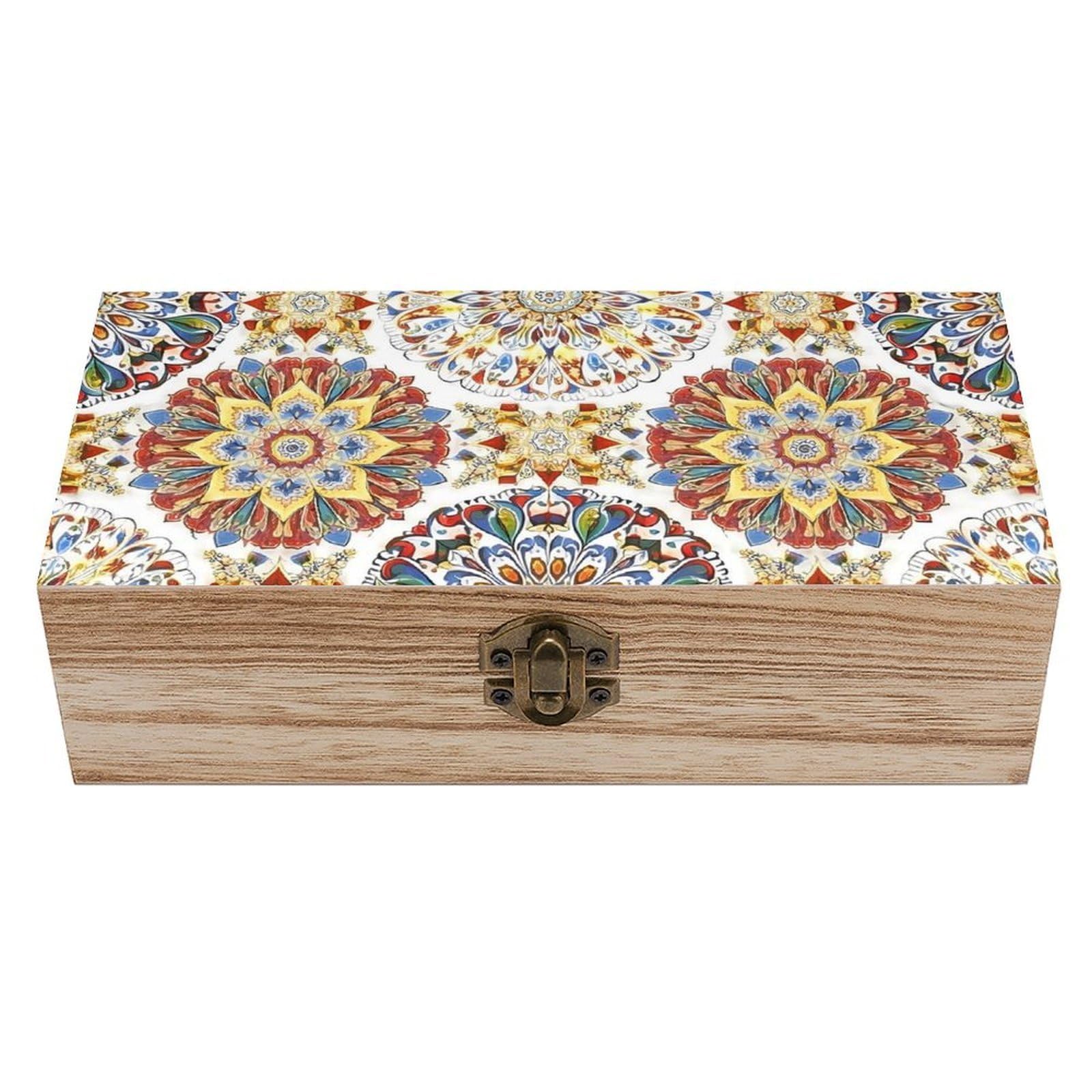 SMAZDFXX Mandala Wooden Storage Box With Hinged Lid Decorative Front Clasp Keepsake Boxes