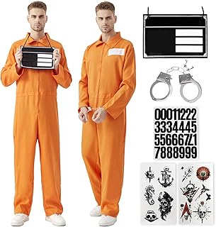 MGparty Prisoner Jumpsuit Men Halloween Costume Orange Inmate Jail Uniform for Adults Halloween Cosplay Outfit for Men