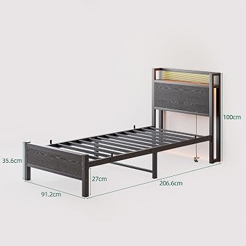 3ft Single Bed Frame with Storage Headboard Shelf,LED Lights,Charging Station,Heavy Duty Metal Bed Frame Single Bed,Strong Steel Slats Support,Noise Free/Easy Assembly/Black Bed