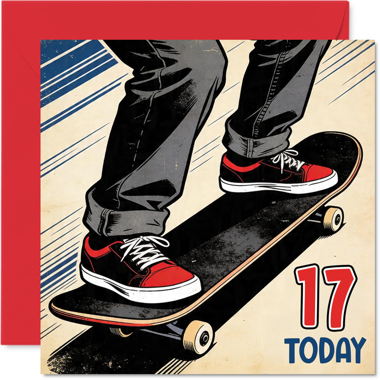 Playful 17th Birthday Card - Catch Big Birthday Energy - Skateboarding Teenager in Action with Bold 17 TODAY Graphic - 145mm Square, Envelope Included
