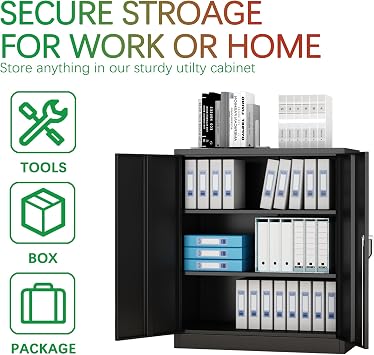 Metal Garage Storage Cabinet with 2 Locking Doors,Black Lockable Cabinet with Doors and Shelves,Steel Tool Cabinet for Home Office Garage,Assembly Required