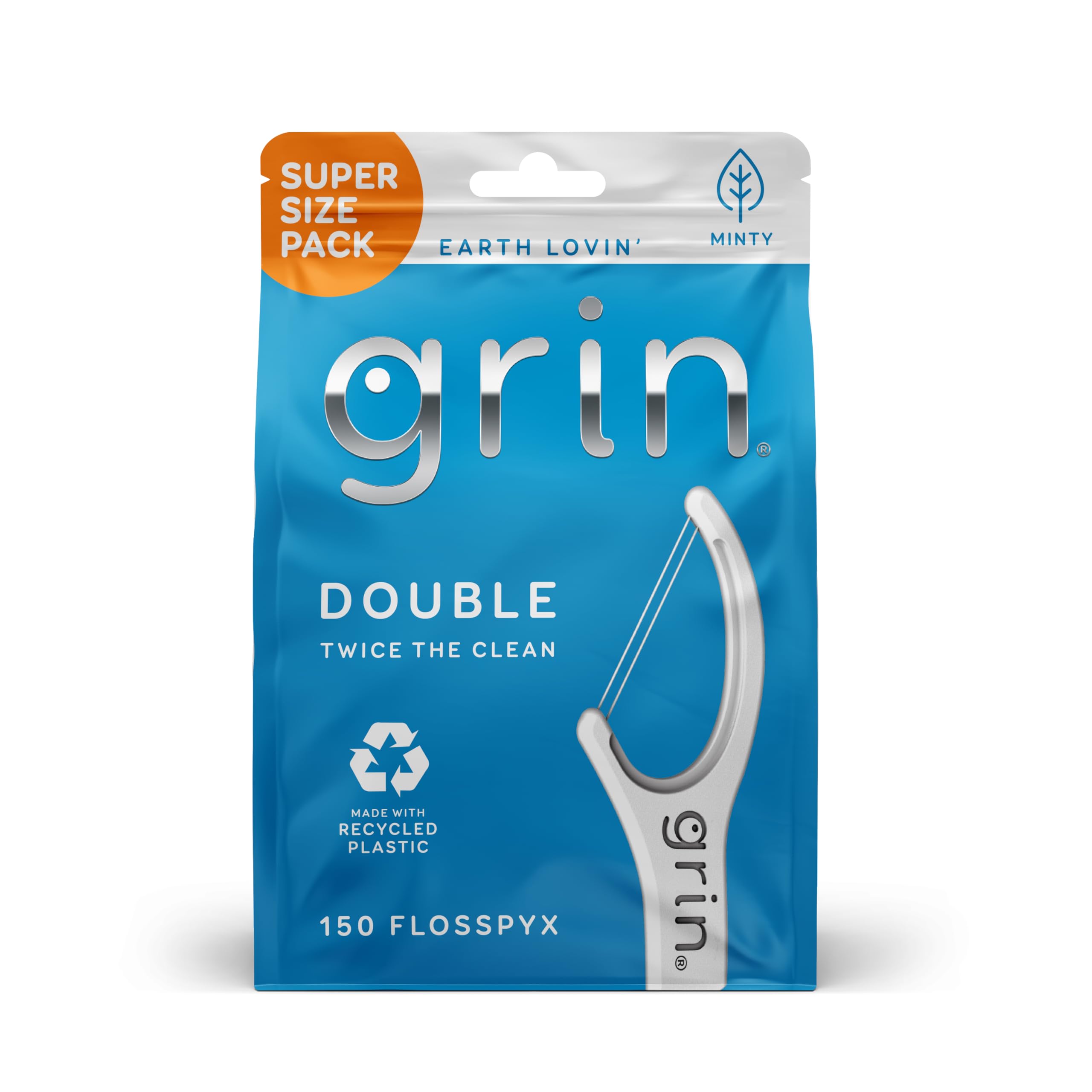 GRIN Double Flosspyx Floss Picks 150 ct Dental Flossers Minty Flavor Recycled Plastic 2 Lines of Strong Floss