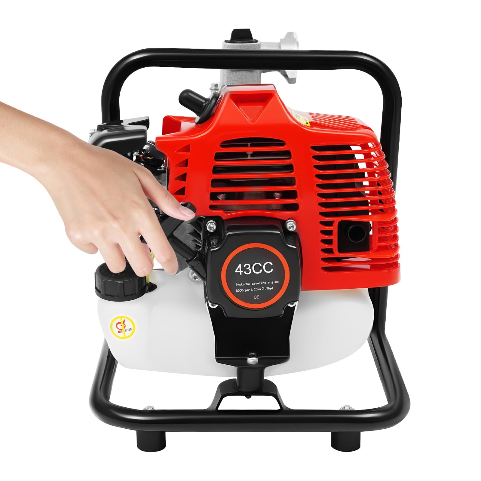 2-Stroke 43CC Petrol Water Pump 1.7HP Power 135L/min Flow Rate 30m Max Lift 1 Inch Ports Portable Water Transfer Pump with Air Cooling for Irrigation Drainage Garden and Pool Use
