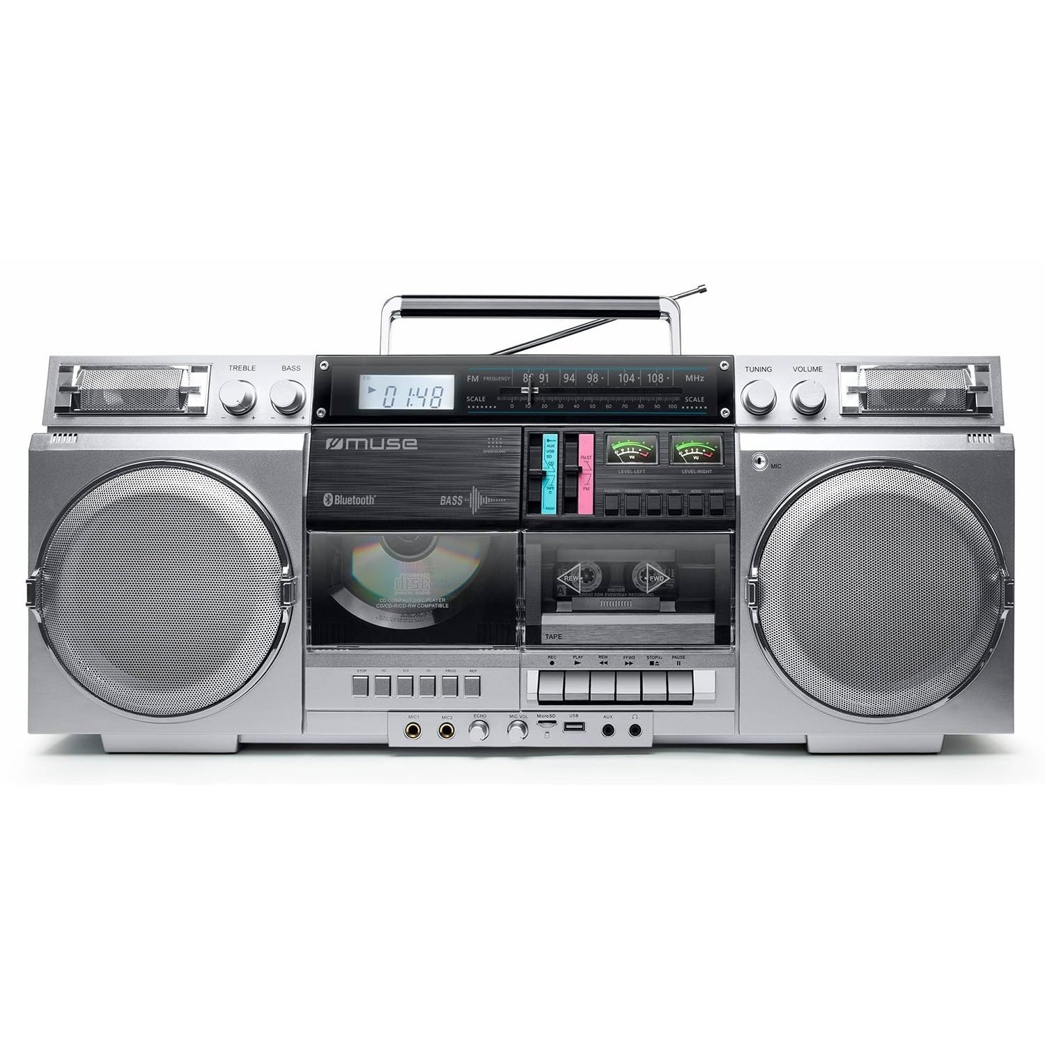 Bmi Enceinte Portable HiFi Muse M-380 GBS Ghetto Blaster Enregistreur de Cassette CD Radio FM Bluetooth - 80W - Écran LCD
