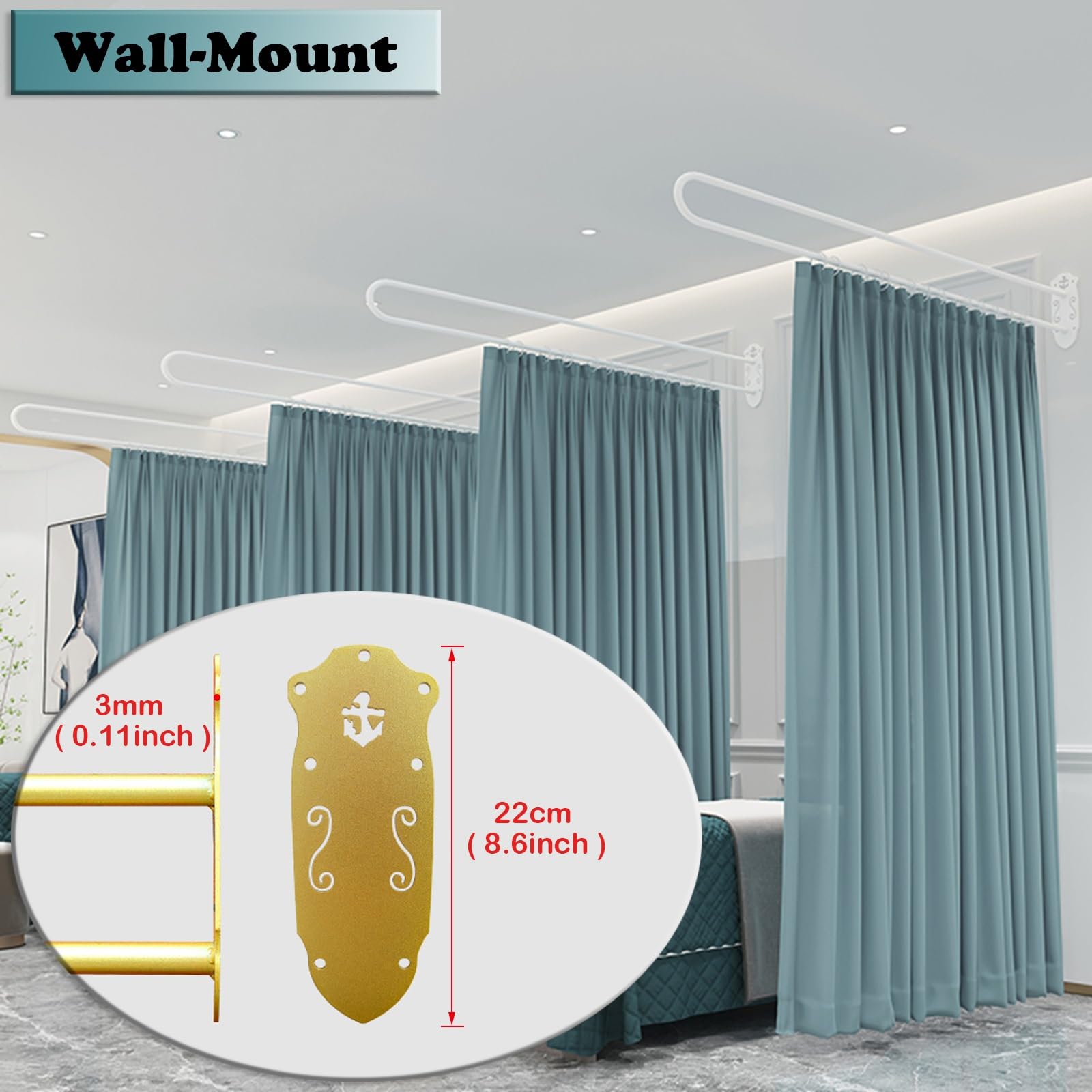 Paravent Cloison de Séparation Paquet De 2 Salon De Beauté Rideau De Séparation D’intimité Fixation Murale, Forme En U Paravent Patio Chambre Rideaux De Séparation ( Color : White Pole+Curtain , Size