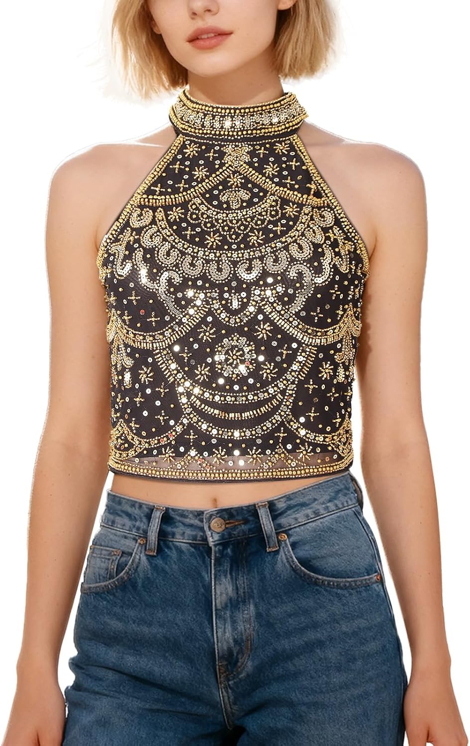 Vijiv Women's Halter High Neck Sequin Beaded Cropped Cami, Elegant Sparkly Sleeveless Party Top for Night Out, Cocktail