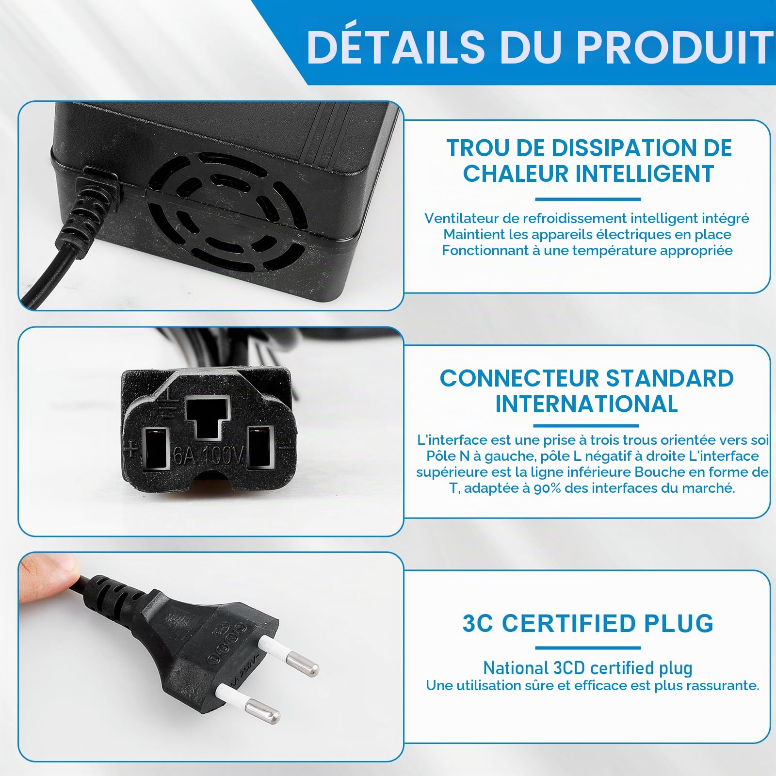Chargeur de batterie 60V 20Ah pour scooter et vélo électrique