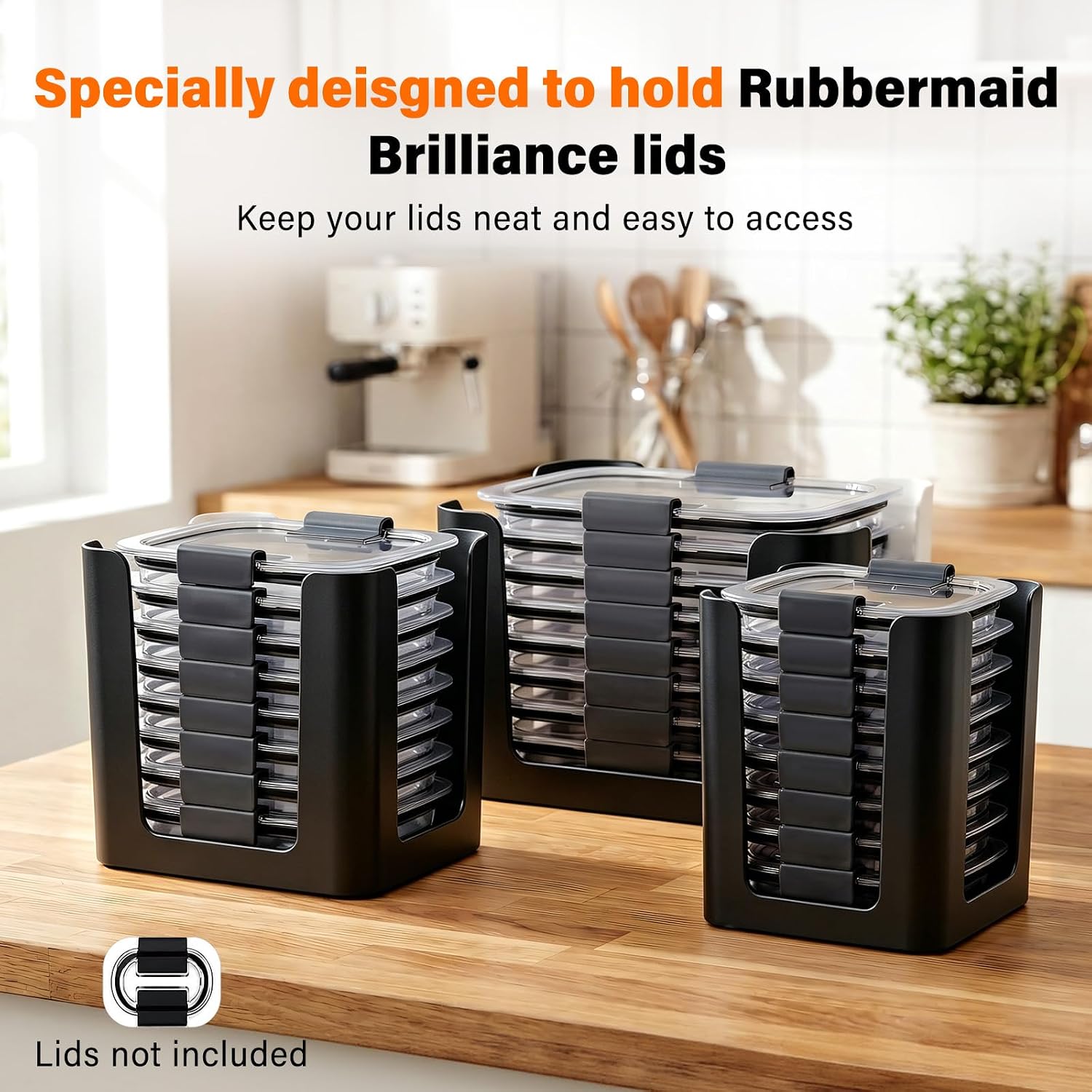 Food Container Lid Organizer for Rubbermaid Brilliance Snap-on Lids | Sizes for tiny (0.5 cup), small (1.3 cup), and medium (3.2 & 4.7 cup) lids, Easy to clean, No assembly required