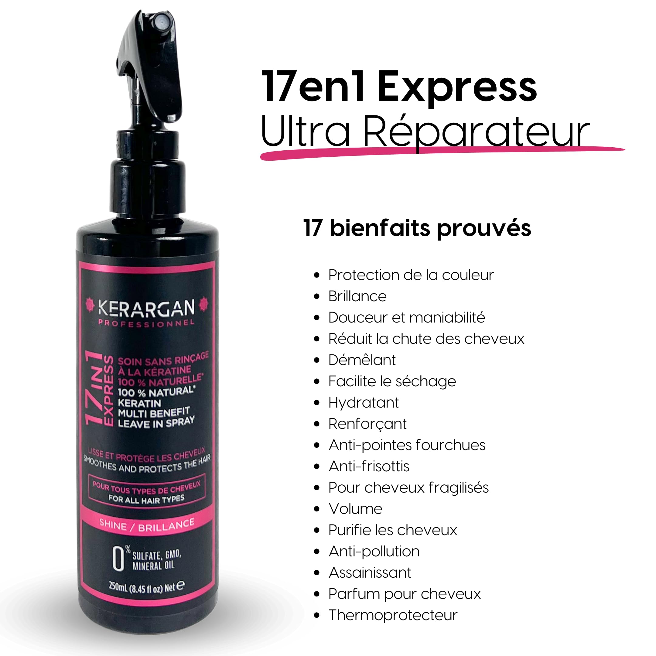 Kerargan - Lotion Tonique à la Kératine pour Cheveux Brillants et Renforcés - Hydratant, Démêlant, Thermoprotecteur - Anti-Frisottis et Volume - Sans Sulfate, OGM ni Huiles Minérales - 250ml