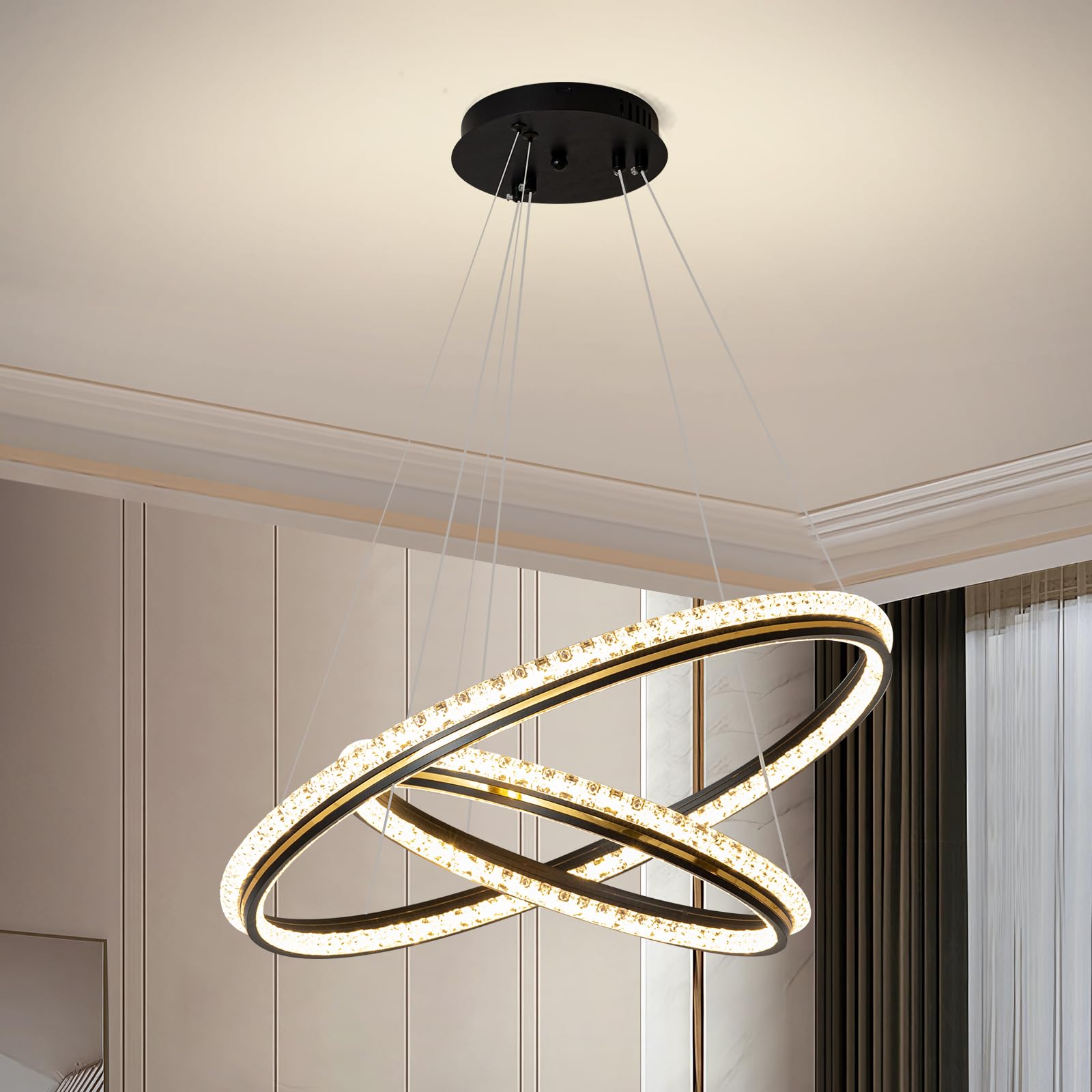 YATAI Chandelier Bedroom LED Modern Black Gold LED Dia 60cm 2 Ring Chandelier Light Suitable for Living Room and Dining Room and Living Room,Acrylic Adjustable Color Temperature