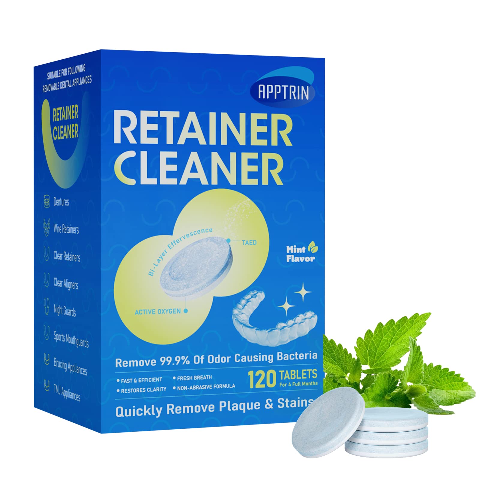 Retainer Cleansing Tablets, Retainer Cleaner Effervescent Tabs, Mouth Guard Cleaner Denture Cleaning Tablet, 120 Tablets