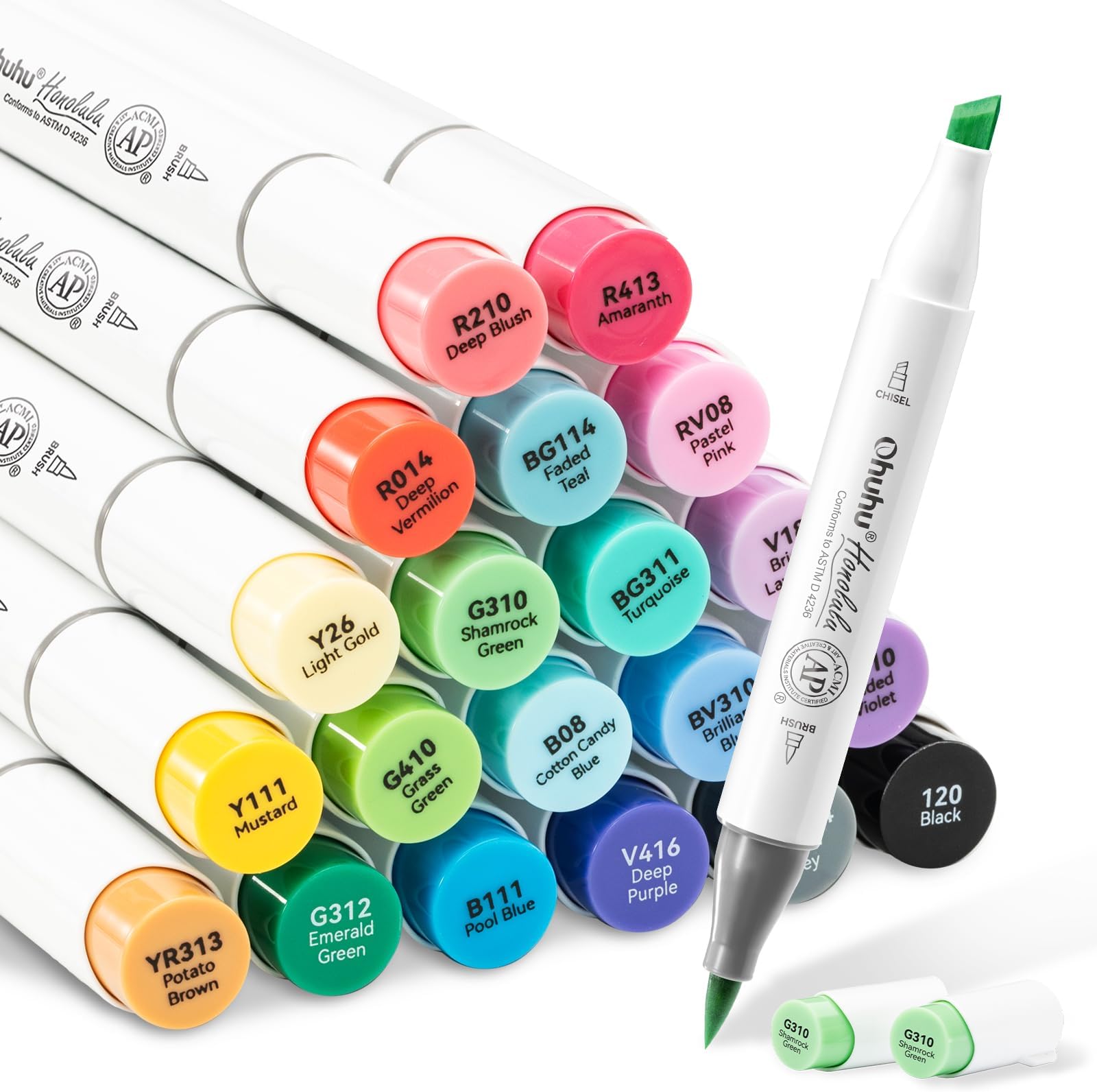 Alcohol Markers 24 Colors Brush& Chisel for Adults Coloring Honolulu | AP Certified Refillable Art Marker Set for Artists Beginners Drawing Illustration Sketching, Dual Tips Alcohol-based