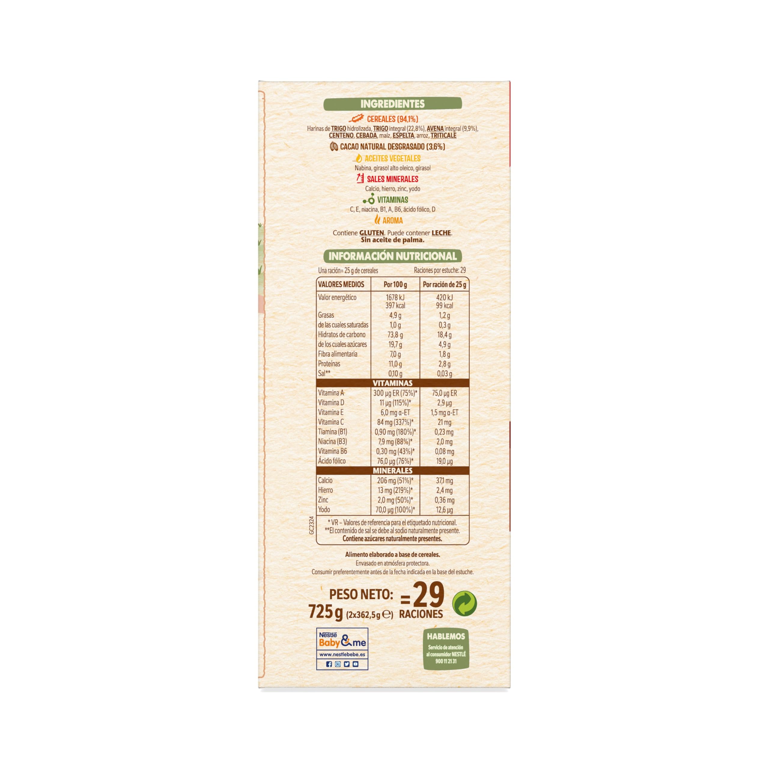 Nestlé Papilla 8 Cereales con Cacao, sin azúcares añadidos, a partir de los 12 meses, 725 g