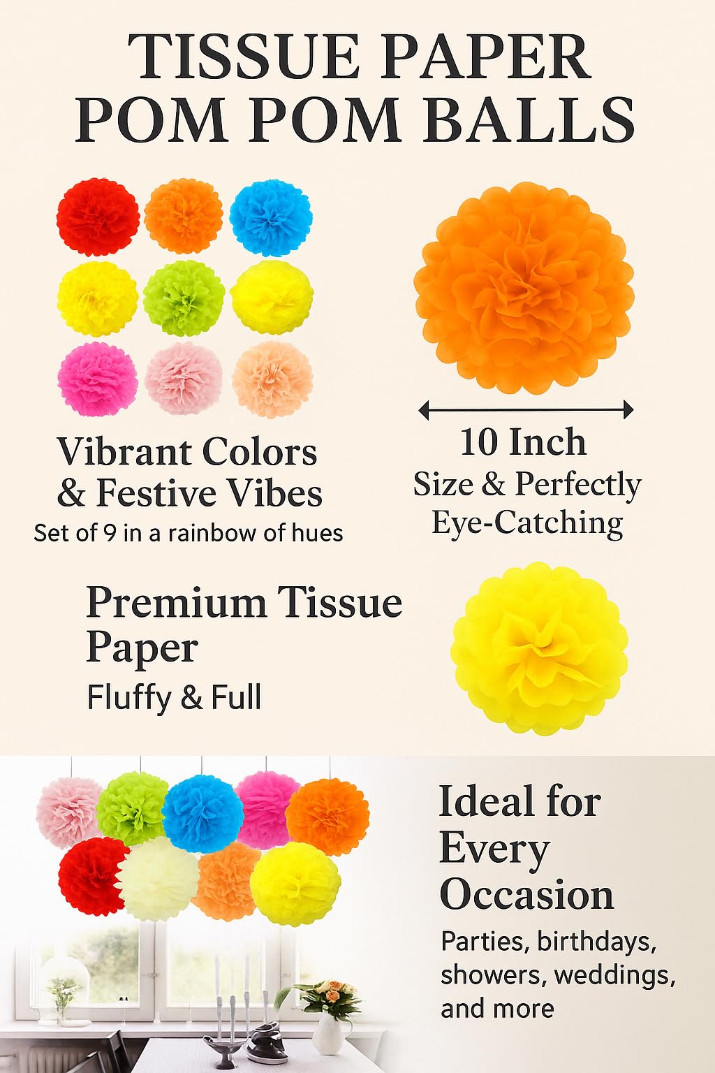 AMFIN® Colorful Tissue Paper Pom Pom Balls – Hanging Flower Decorations for Birthday, Wedding, Baby Shower, Garden & Party Decor -Set of 9 (10-Inch Each)